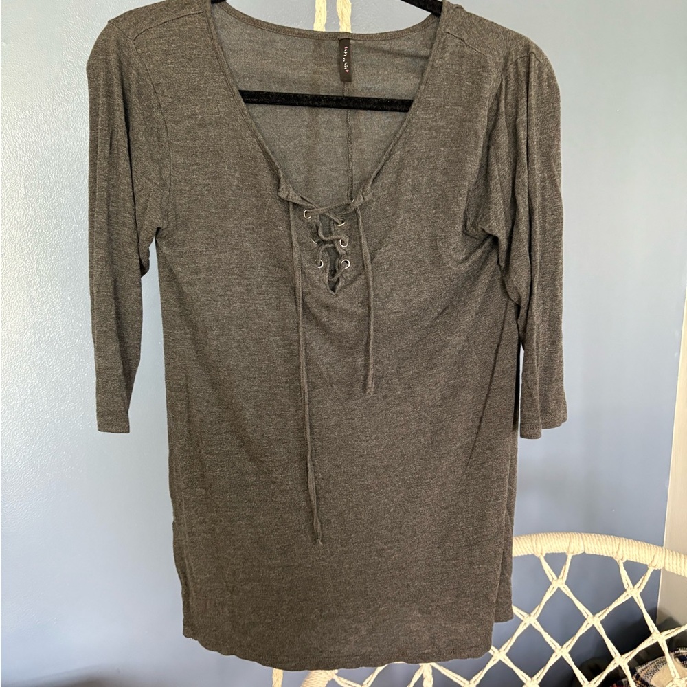 Gray Lace-Up Women's Top